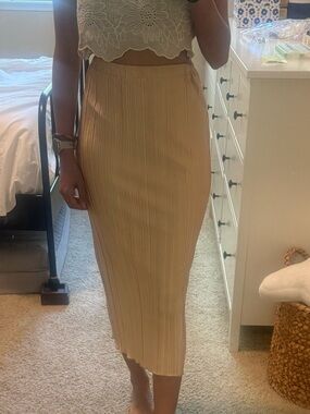 Midi crepe plisse skirt - stretchy metallic rose gold material hits mid calf - S